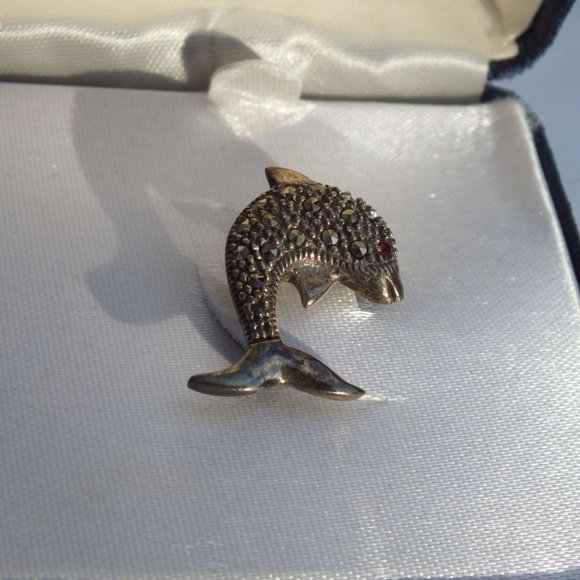Sterling Silver Dolphin Brooch With Red Gem Eye and Storage Box, Silver Accents - Picture 2 of 7